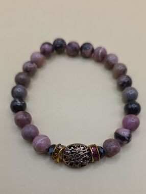 Beaded Rhodonite Stretch Bracelet with Gold Crystal Accent